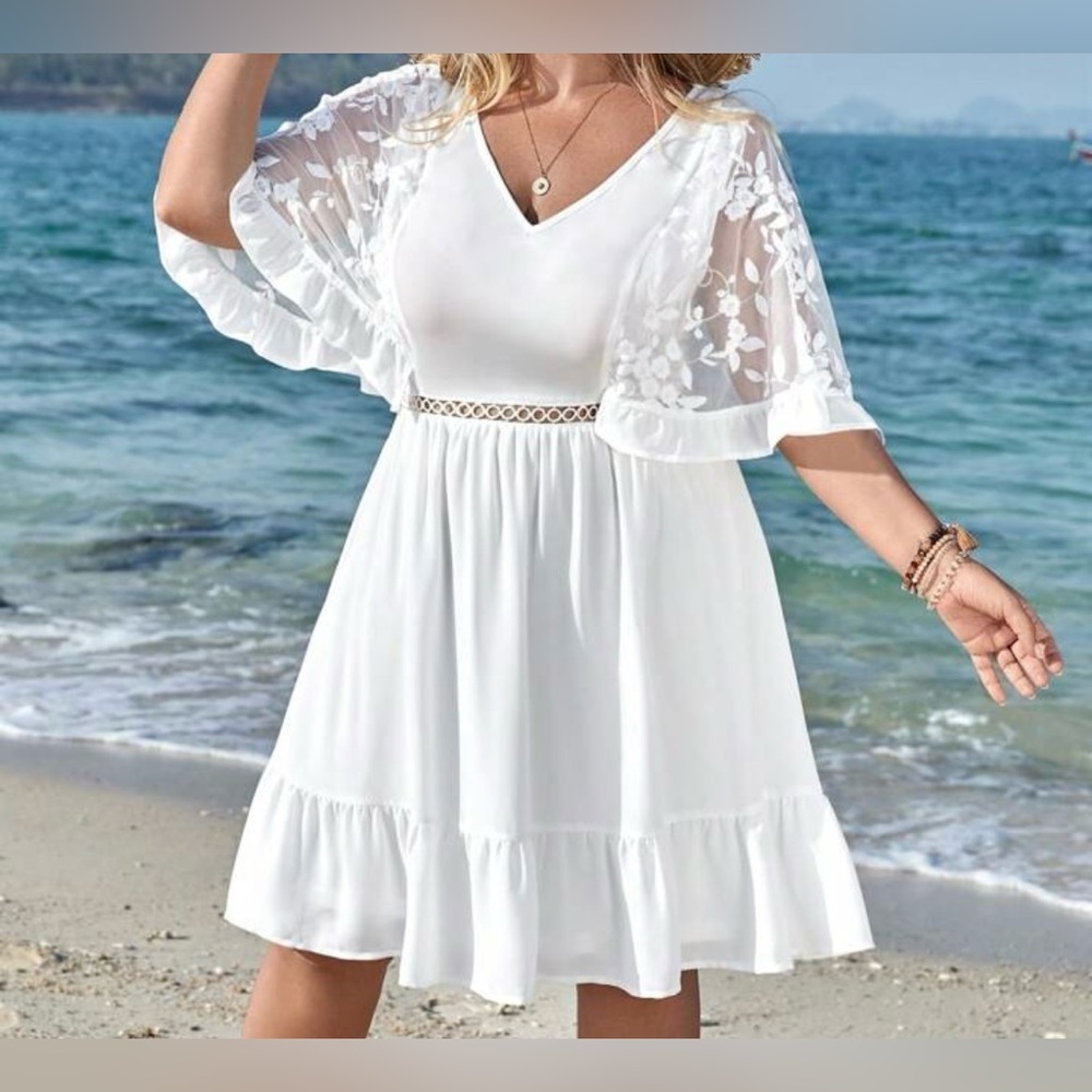 NEW 4 XL SHEIN VCAY Plus Floral Mesh Embroidery Flounce Sleeve Ruffle Hem